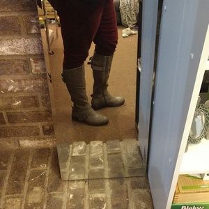 Gray faux leather buckle boot (wide calf)